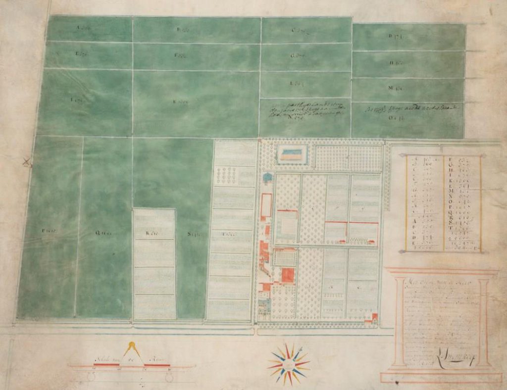 Kaart van de kruitfabriek en bijbehorende landerijen door Leendert Swemkoop, 1713 (TMS 123012)