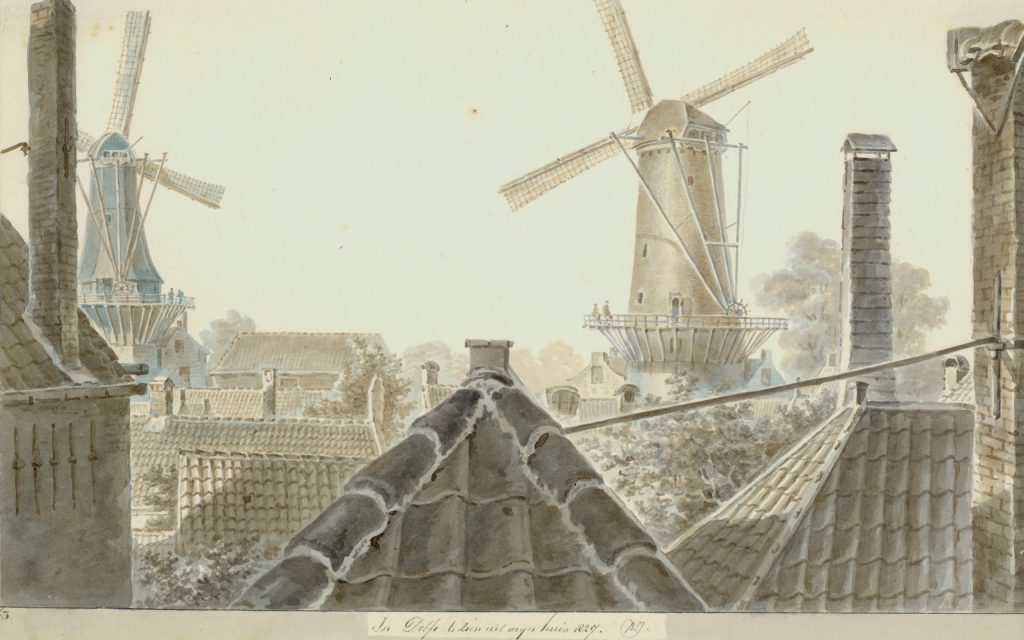 Balthasar Jooss, Twee molens aan de Phoenixstraat gezien vanuit zijn woning aan de Oude Delft, 1827 (TMS 66309)
