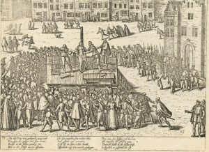 Een historieprent van Frans Hogenberg uit omstreeks 1587-1591 waarop de marteling van Balthasar Gerards afgebeeld is. De marteling vindt plaats op een verhoogd podium op de markt van Delft. Een grote menigte kijkt en juicht toe.