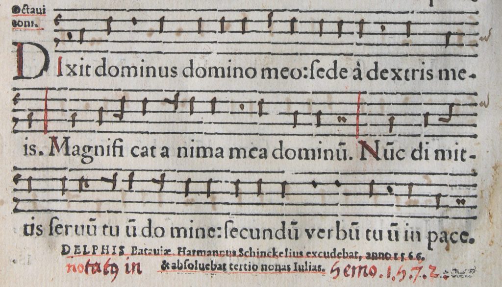 Laatste pagina van Cantuale Novum, waaruit blijkt dat het is gedrukt door Harman Schinckel in 1566 (Bibliotheek, 59 C 26)
