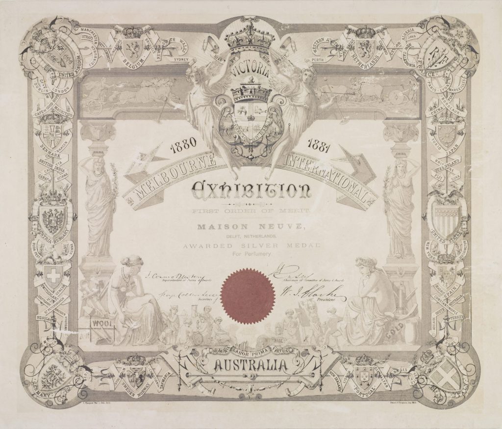Oorkonde voor parfumfabriek Maison Neuve, 1880 (TMS 74612)