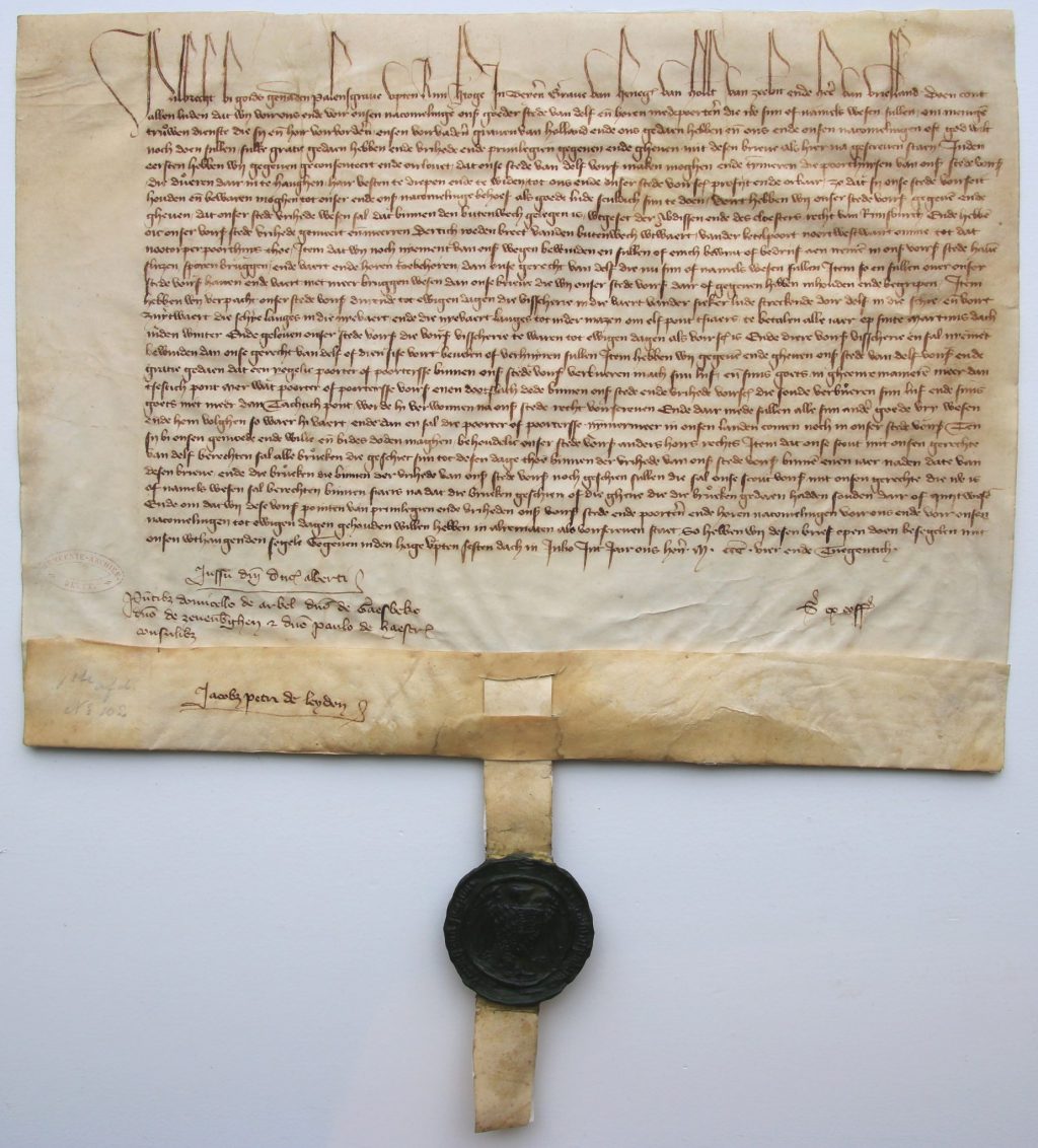 Oorkonde van hertog Albrecht, waarin hij Delft toestemming geeft om de verdedigingswerken te herstellen, 6 juli 1394 (Archief 1, inv.nr 8, charter 5003)
