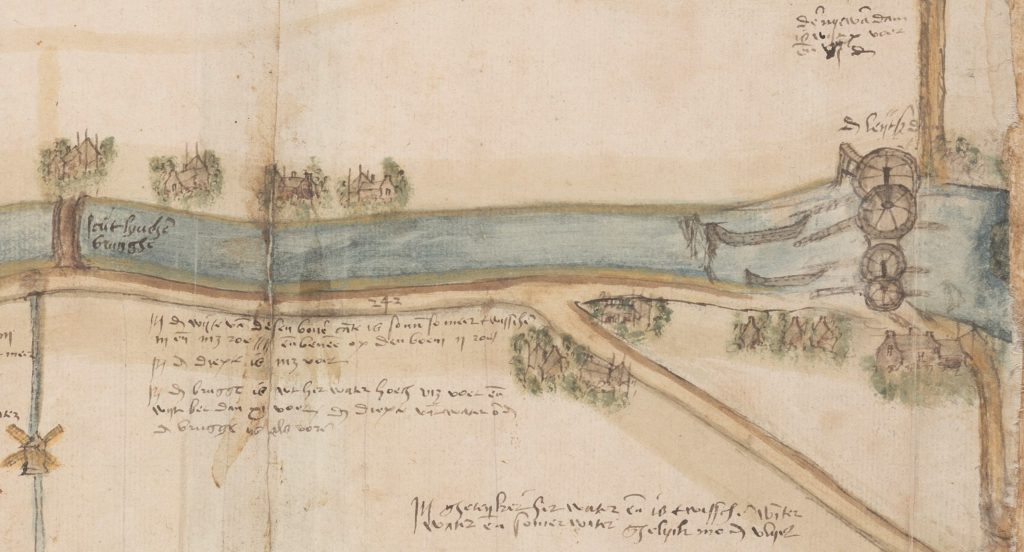 De windassen van de Leidschendam op een kaart van Coenraet Oelenz, 1555 (TMS 119502)