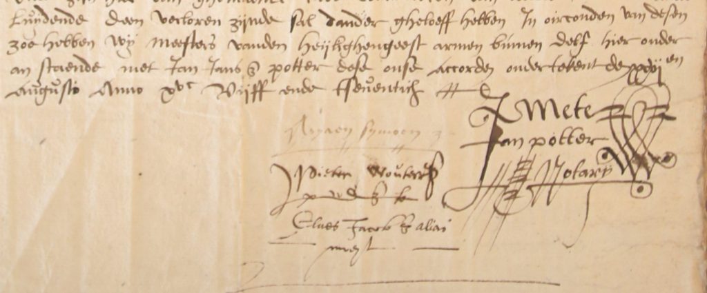 Ondertekening van het contract van de Heilige-Geestmeesters met landmeter Jan Jansz Potter, 1575 (Archief 201, inv.nr 969)
