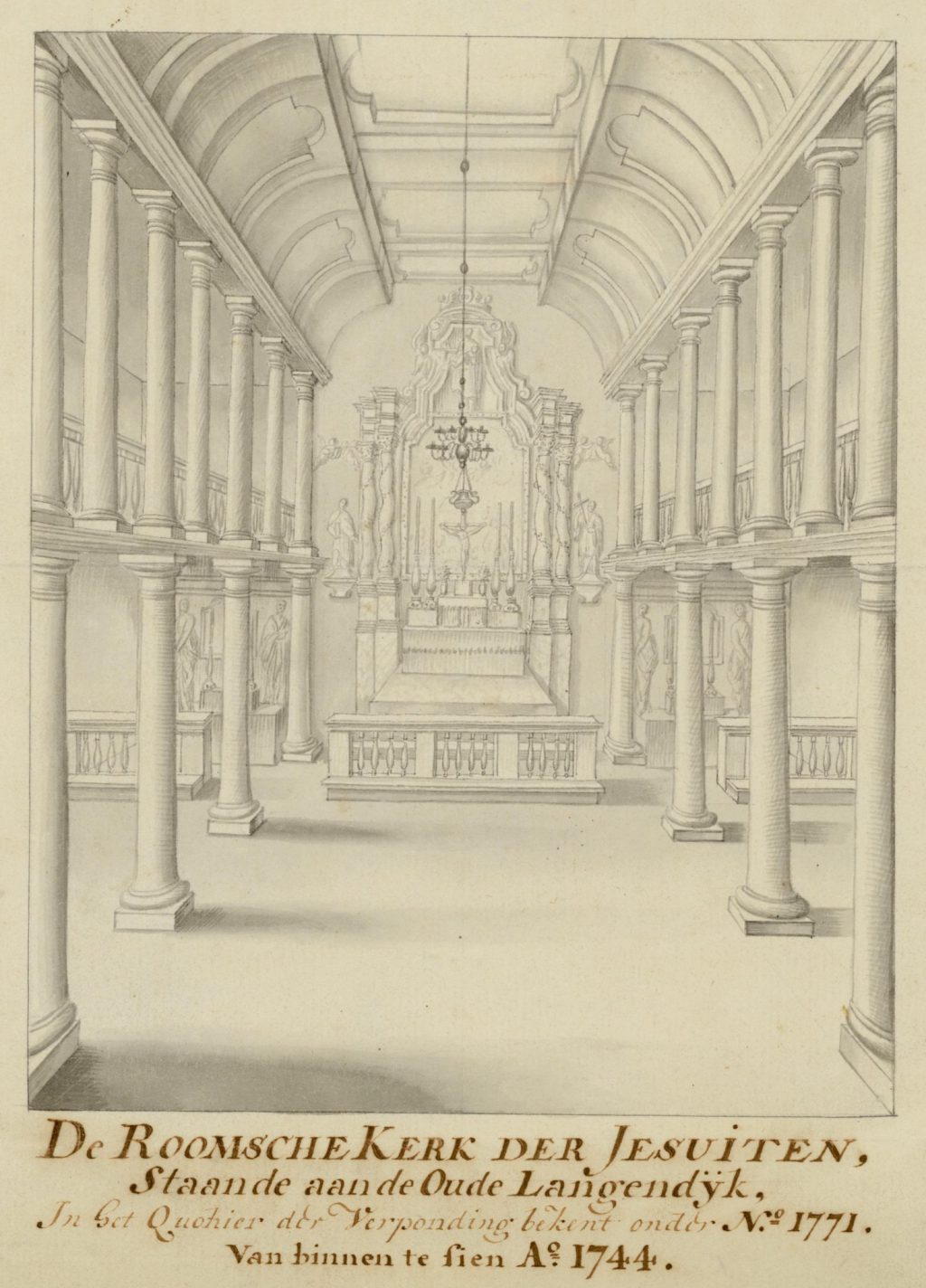 Interieur van de rooms-katholieke kerk aan de Oude Langendijk, 1744 (TMS 68878)