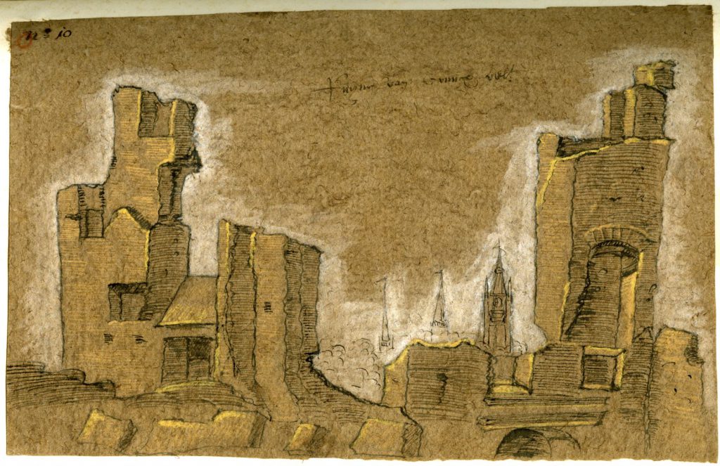 Ruïne van klooster Koningsveld, tekening op vlaspapier, ca. 1573