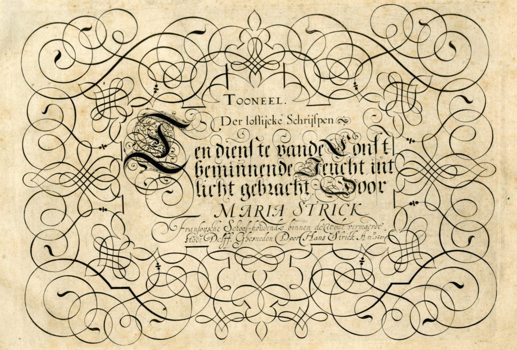 Titelpagina van Tooneel der loflijcke schrijfpen, geschreven door Maria Strick, met gravures door haar man Hans, 1607 (Bibliotheek 42 B 43)