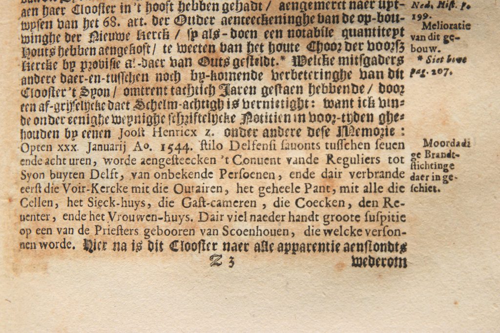 Aantekening over de brand in het klooster Sion in Dirck van Bleyswijck, Beschryvinge der stadt Delft, blz. 361 (Bibliotheek)