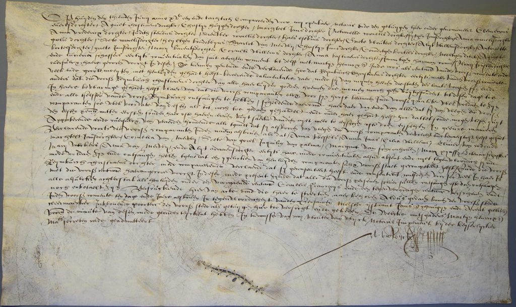 Akte waarbij 42 voormalige kloosterzusters erkennen dat zij hun persoonlijke eigendommen hebben ontvangen van hun mater, 1581 (Archief 444, inv.nr 61)