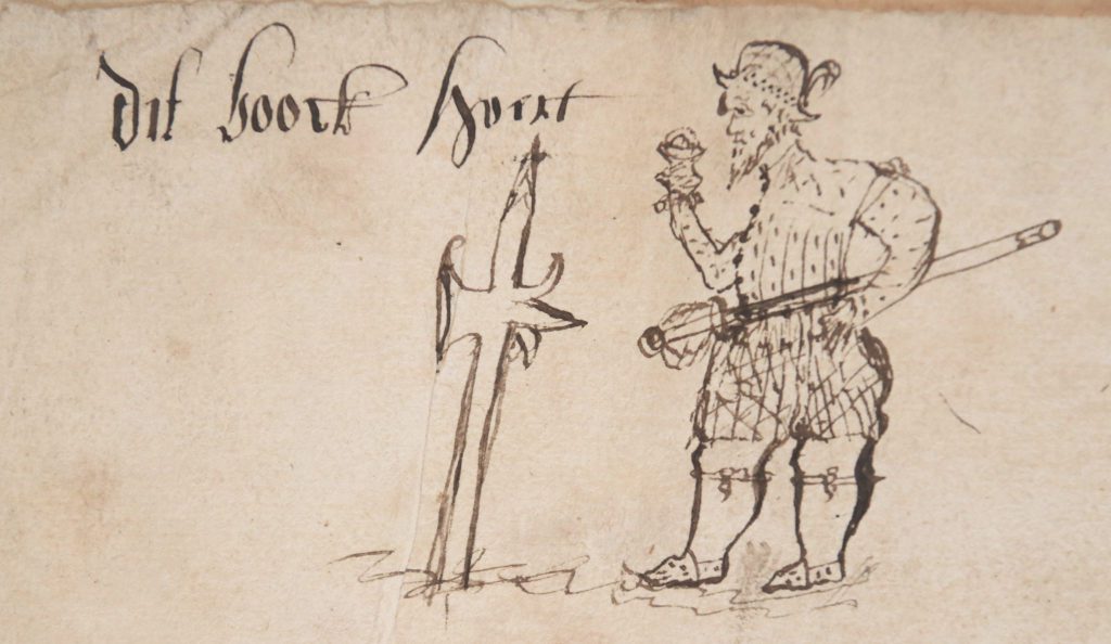 Tekening van een soldaat in het ledenregister van het Zoete Naam Jezusgilde, aangelegd in 1561 (Archief 435, inv.nr 201).