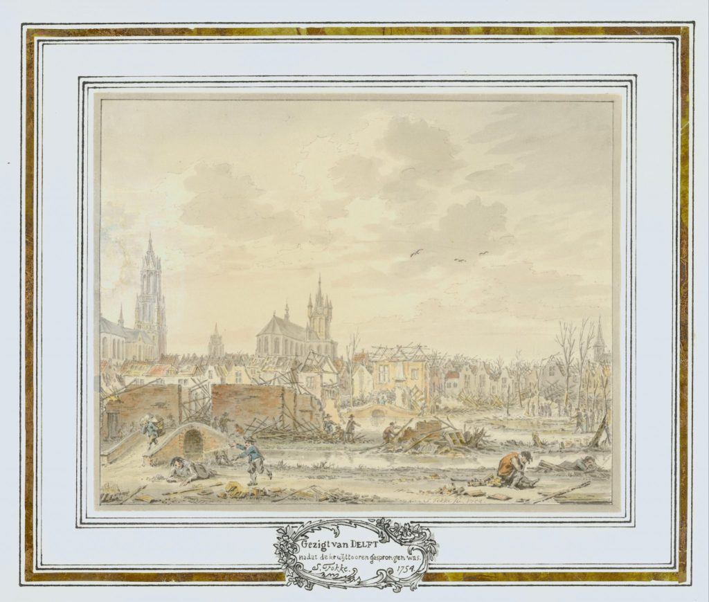 Tekening door Simon Fokke van de ravage na de ontploffing van het kruithuis, naar een schilderij van Egbert van der Poel, 18e eeuw (TMS 79494)
