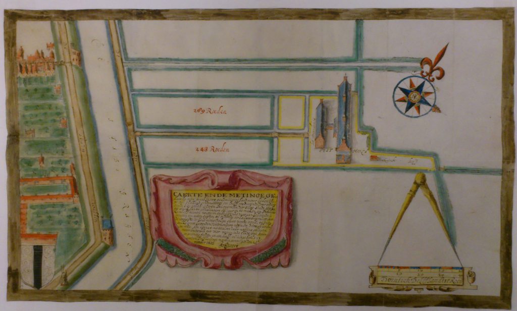 Kaart van het pesthuis en omgeving, in 1656 getekend door Jacob Spoor. Links de tegenwoordige Oranje Plantage, linksboven de Hopstraat. (TMS 65328)