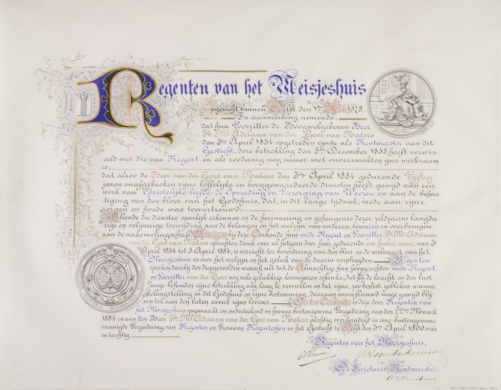 Oorkonde voor Adriaan van der Goes van Naters, 1884, door J.L. Brands