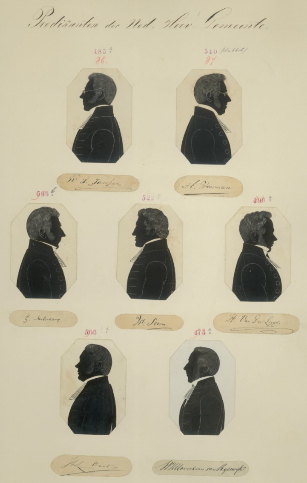 Zeven silhouetten van predikanten in Delft, 19e eeuw (TMS 74904)