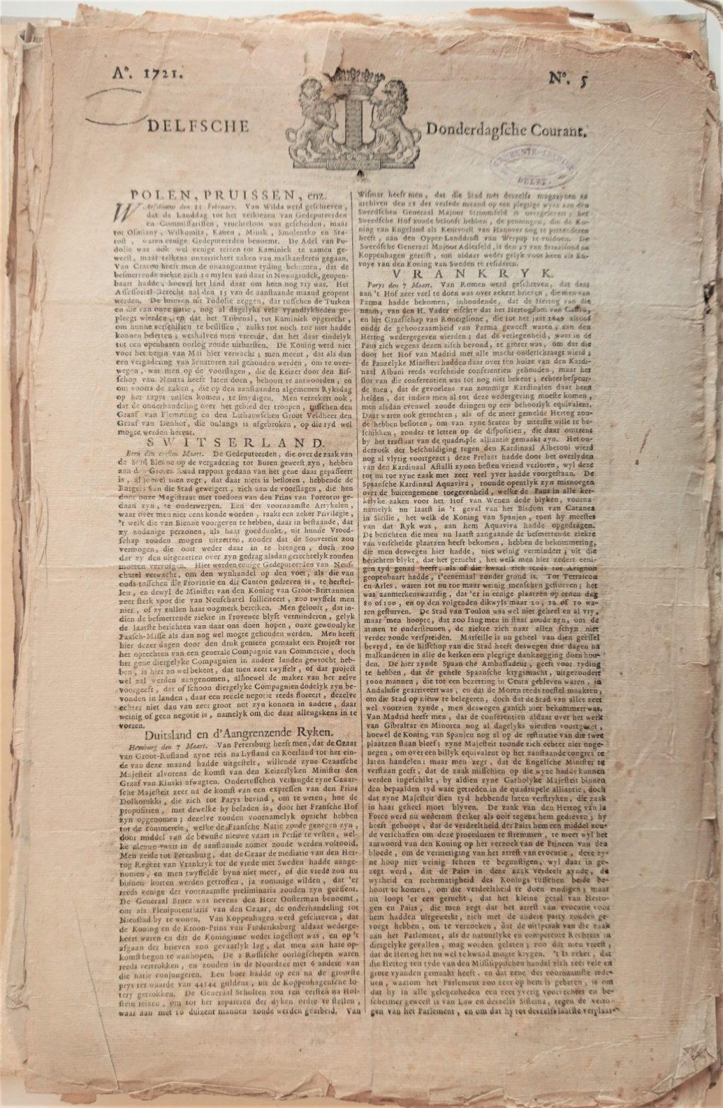 Delfsche Donderdagsche Courant, nummer 5 van 1721. (Bibliotheek)