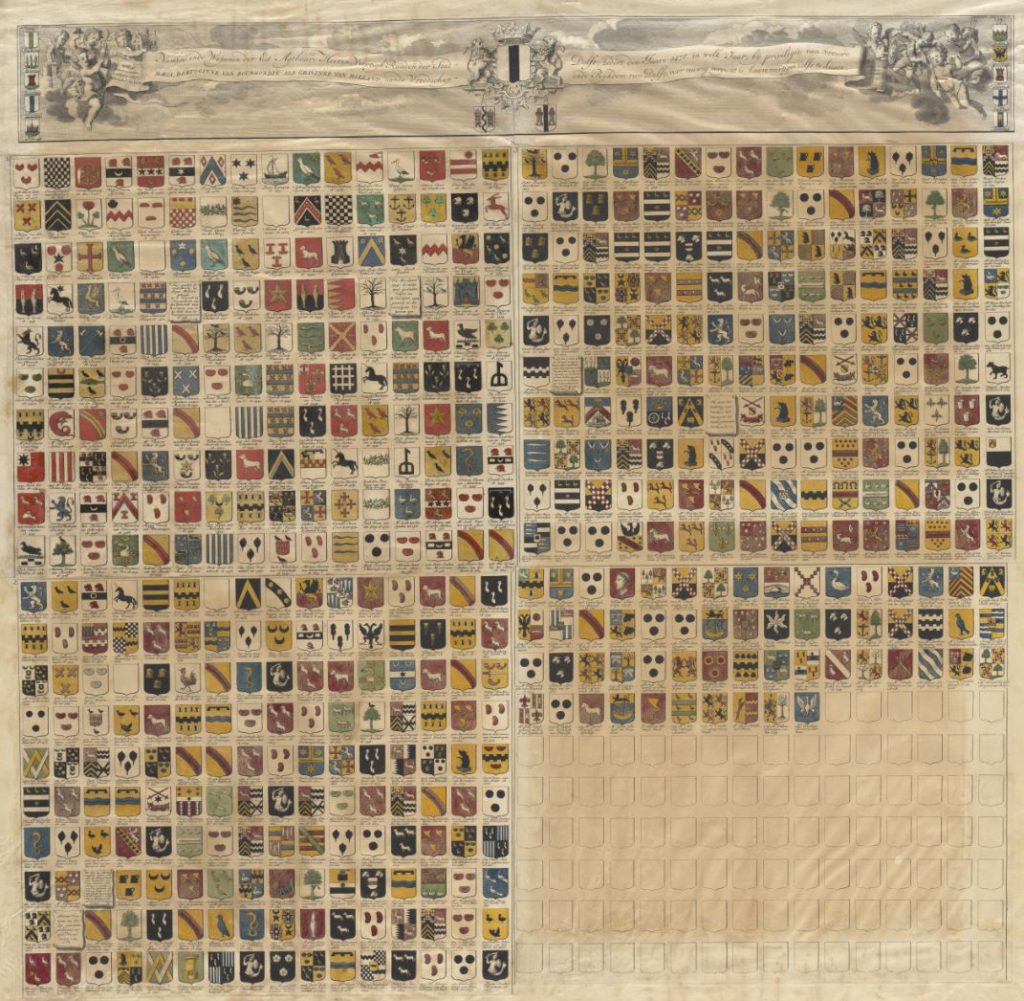 Namen en wapens van de leden van de veertigraad sinds 1476; gravure door Hendrik de Leth op basis van gegevens van Willem van der Lely, 1738 (TMS 114611)