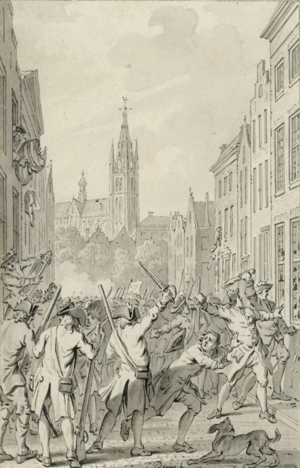 Haagse Oranjegezinden plunderen huizen van Delftse patriotten; tekening door Jacobus Buijs, 1787. (TMS 70731)