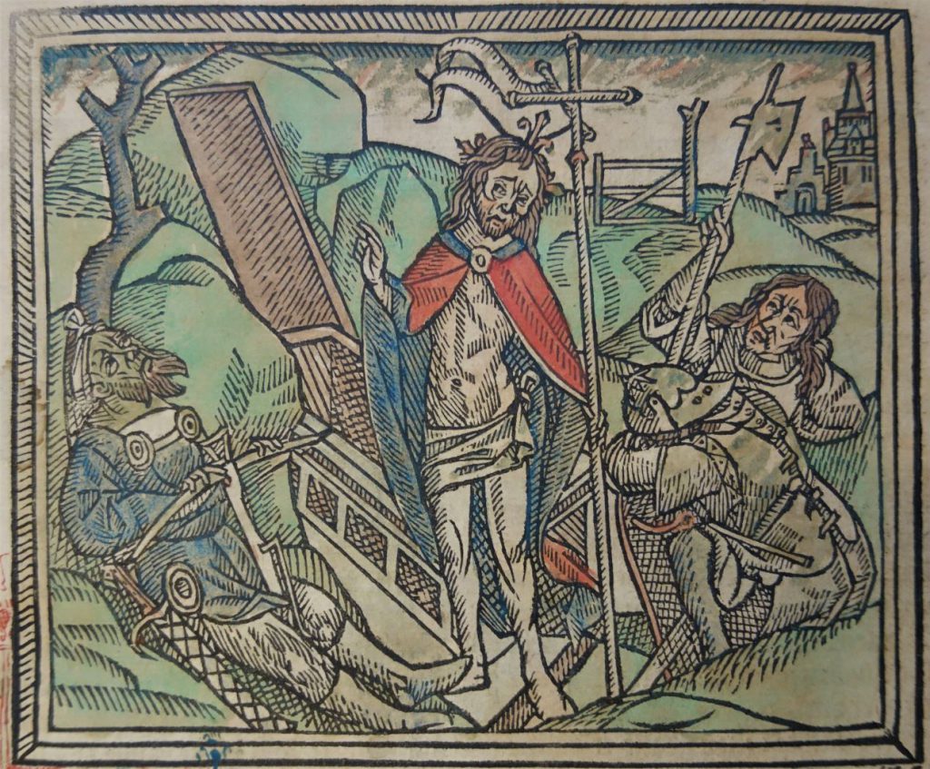 Ingekleurde houtsnede van de opstanding van Christus uit de Gulden Legende. (Bibliotheek)