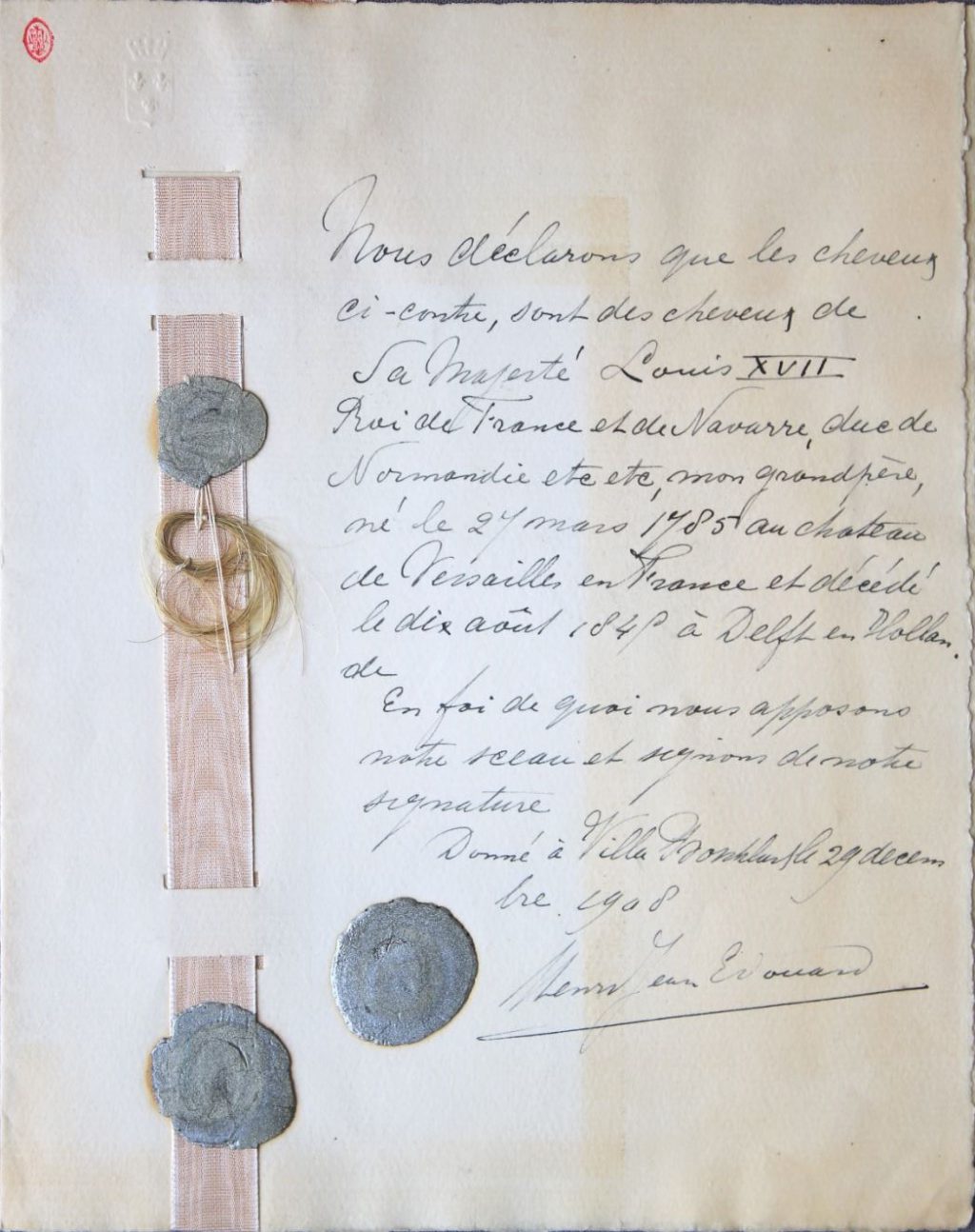 Bewaarde haarlok uit het dossier van Karl Wilhelm Naundorff (Archief 513, inv.nr 85)