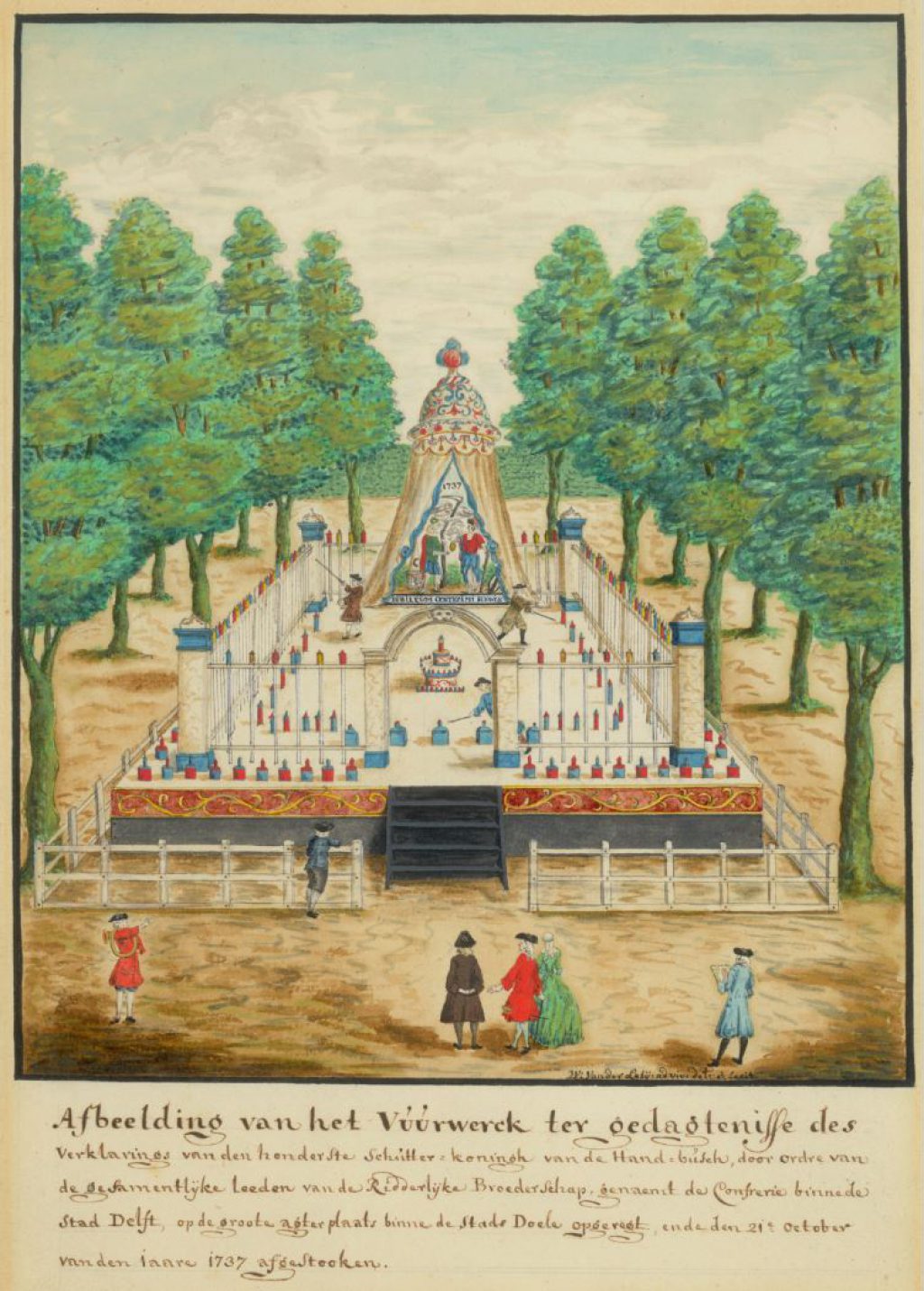 Het vuurwerk staat klaar voor de viering van het honderdjarig bestaan van de Confrerie van de Handbussche in 1737; tekening van Willem van der Lely. (TMS 70187)