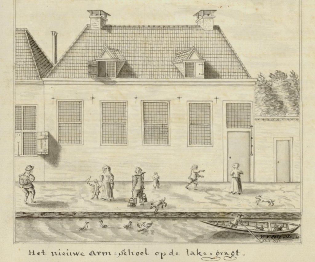 De armenschool aan de lakengracht, in 1732 getekend door Willem van der Lelij (TMS 26890)