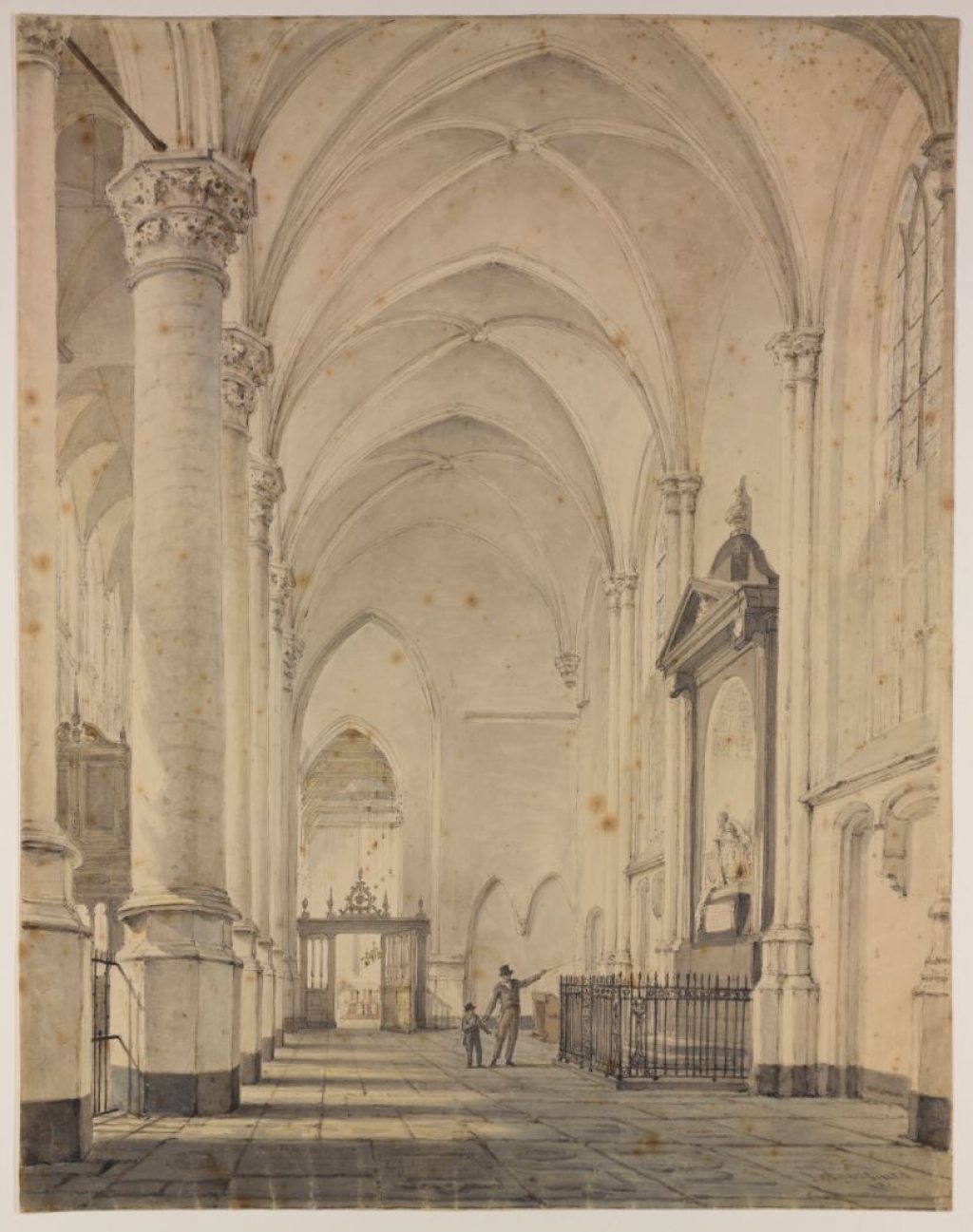 Tekening van het grafmonument van Hugo de Groot door Johannes Jelgerhuis, 1828. (TMS 64609)