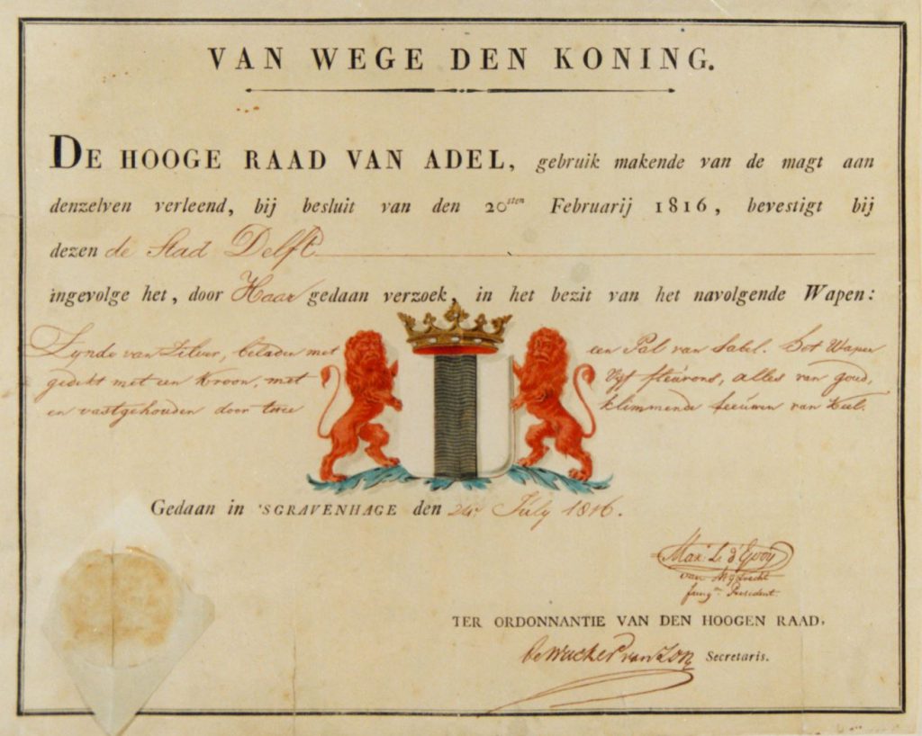 Vaststelling van het nieuwe wapen voor Delft door de Hoge Raad, 1816 (TMS 1345)