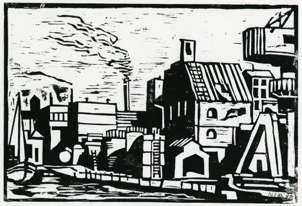 Dirk van Dien, Linoleumsnede van de achterzijde van de Lijm- en Gelatinefabriek, 1982 (TMS 3481)