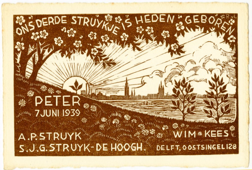 Rijk van Lavieren, Geboortekaartje van Peter Struyk, 1939 (TMS 139208)