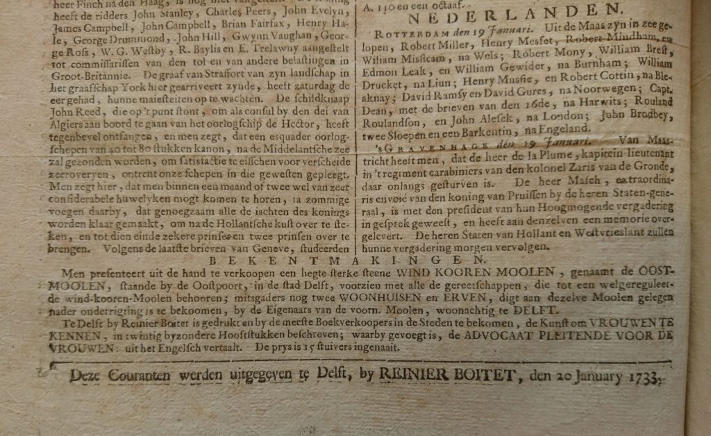 Advertentie achterop de Hollantsche Historische Courant van dinsdag 20 januari 1733. (Bibliotheek)