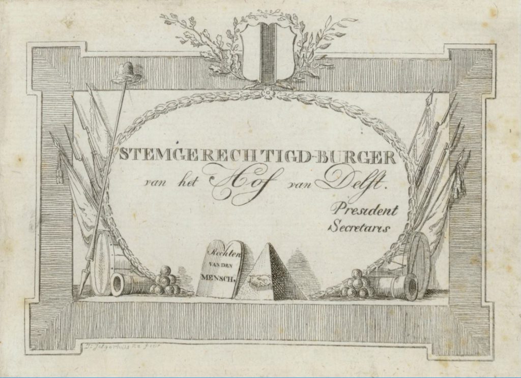 Blanco ‘stempas’ voor een burger van Hof van Delft, ontworpen door Johannes Jelgerhuis, 1796. (TMS 70962)