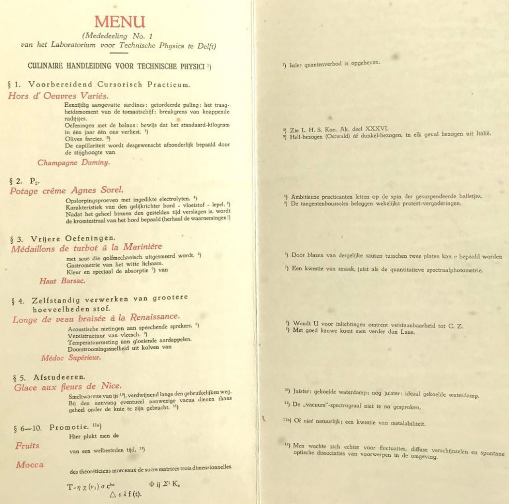 Menu ter gelegenheid van de opening van het Laboratorium voor Technische Physica, 1930. (Archief 433 inv.nr 102)