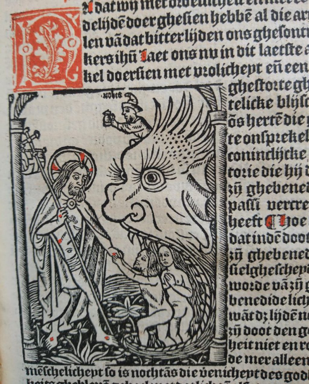 Christus redt zielen uit de mond van de hel. Houtsnede uit Fasciculus mirre, in 1517 gedrukt in Delft. (Bibliotheek)