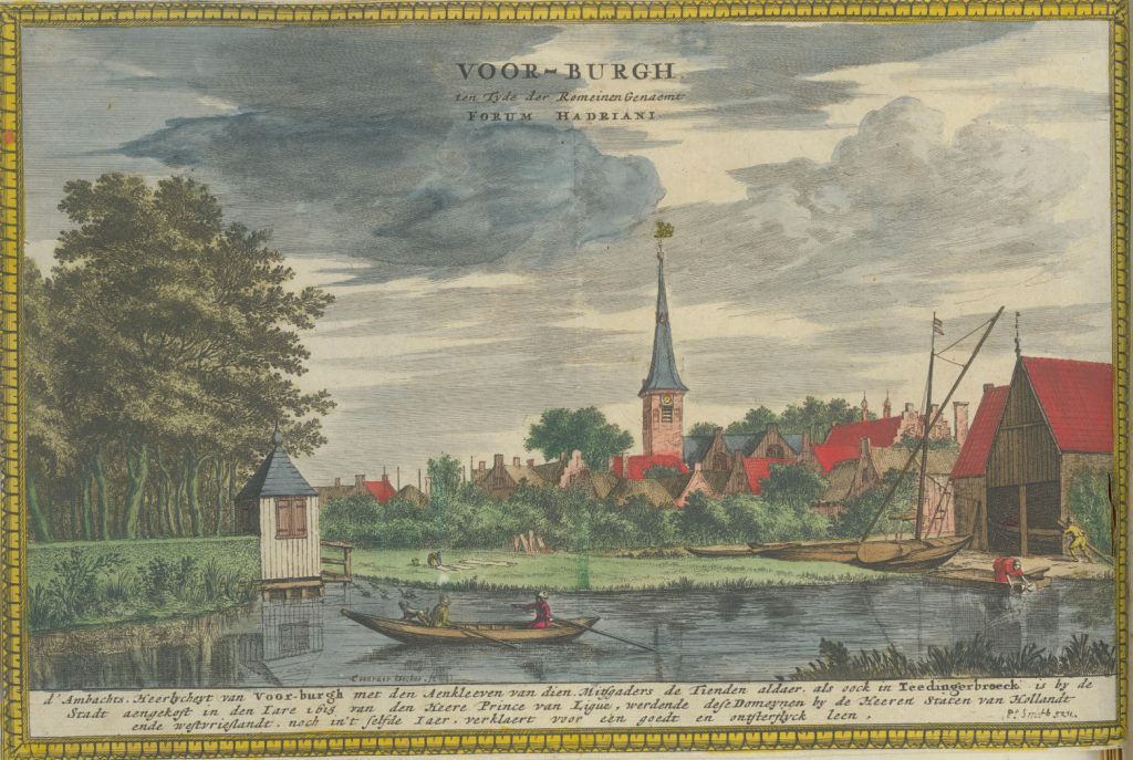 Gezicht op Voorburg, ingekleurde gravure van Coenraet Decker, c. 1675. (TMS 71642)