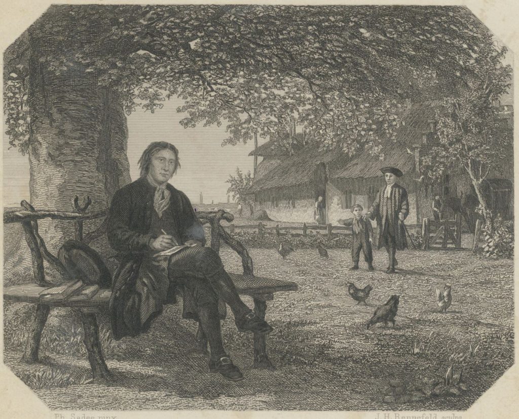 Poot op een bankje voor een boerderij; staalgravure van J.H.M.H. Rennefeld, c. 1865. (TMS 75035)