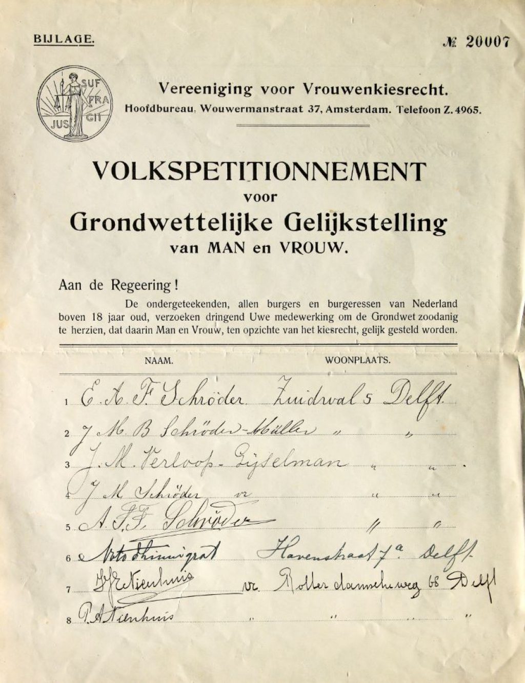 Lijst volkspetitionnement voor grondwettelijke gelijkstelling man vrouw, 1914. (Archief 598 inv.nr 1445)