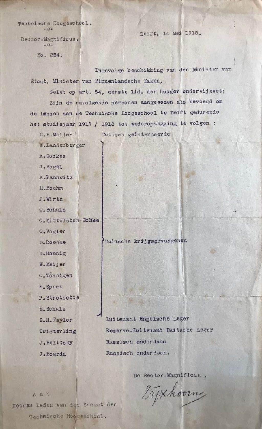 Lijst met geïnterneerden die lessen volgen aan de TH, 1917-1918. (Archief 598, inv.nr 727)